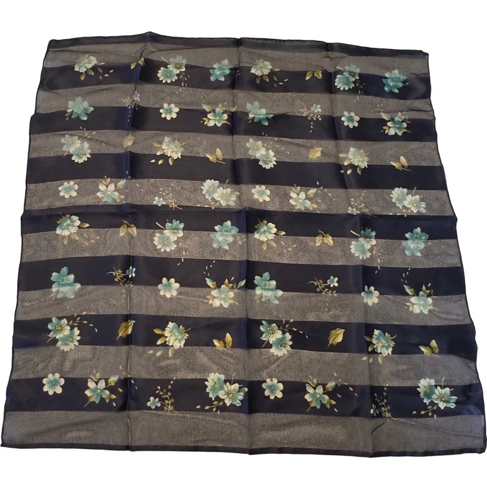 Made in Italy Blue Floral‎ Sheer Striped Square Scarf Cottagecore Classy Chic